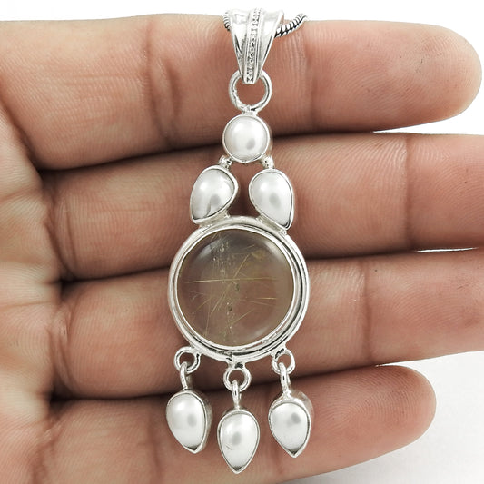 Anniversary Gift For Her Natural Golden Rutile Pendant Ethnic 925 Silver B5