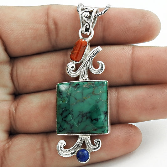 Natural Coral Gemstone Indian Jewelry 925 Sterling Silver Pendant For Women F8