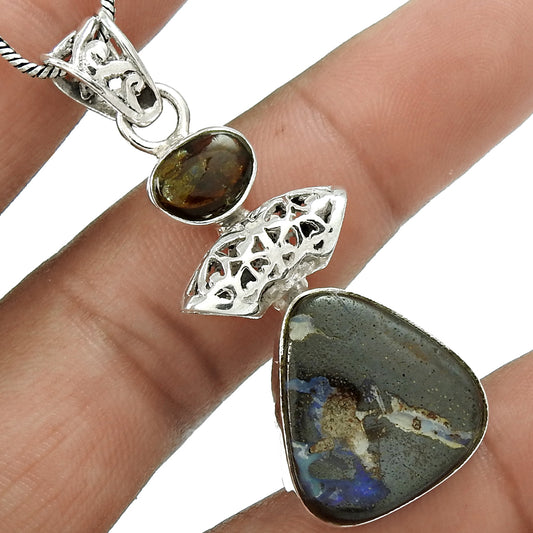 Natural Boulder Opal Gemstone 925 Sterling Silver Pendant Bohemian For Girls G8