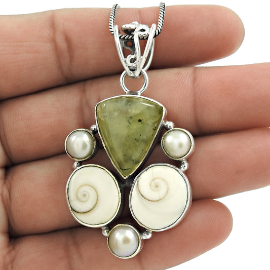 Christmas Gift 925 Sterling Silver Natural Prehnite Gemstone Pendant Vintage A6