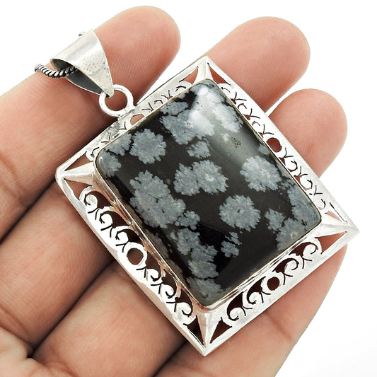 Wedding Gift For Her 925 Silver Natural Snowflake Obsidian Pendant Tribal E5