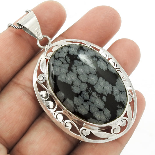 Christmas Gift Pendant Boho 925 Silver Natural Snowflake Obsidian Gemstone B6