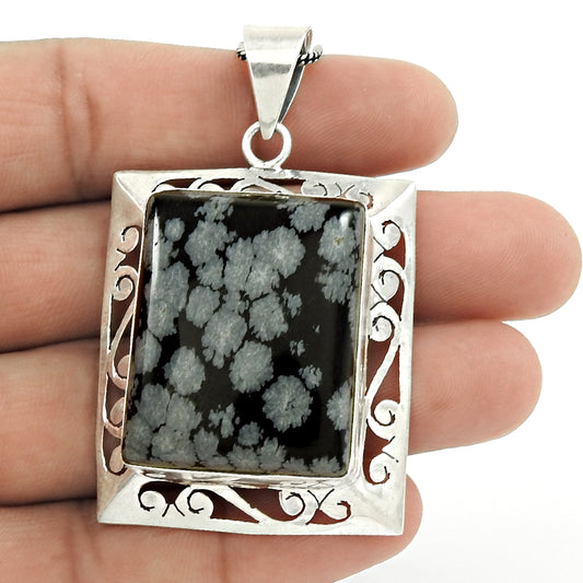 Christmas Gift Natural Snowflake Obsidian Pendant Bohemian 925 Silver C6