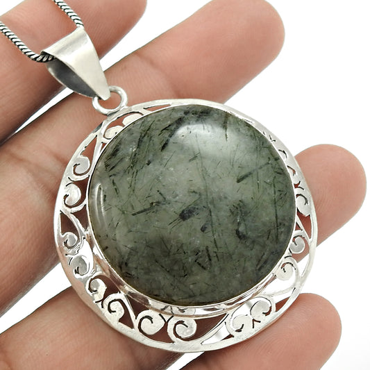 Christmas Gift Natural Black Rutile Pendant Vintage 925 Silver E6