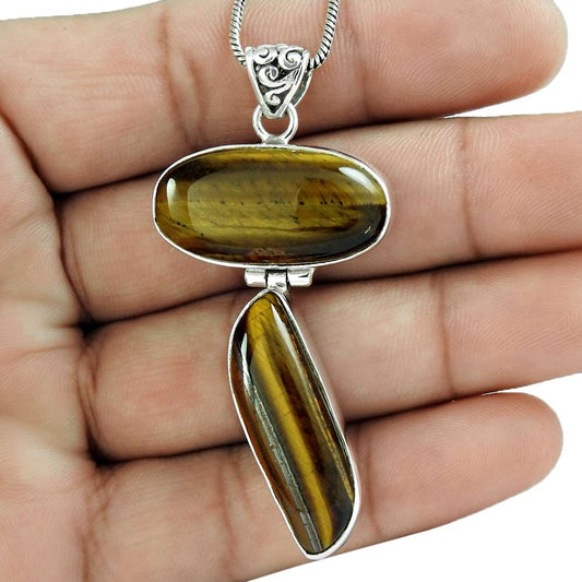 Natural Tiger'S Eye Gemstone Pendant Bohemian Brown 925 Sterling Silver A84