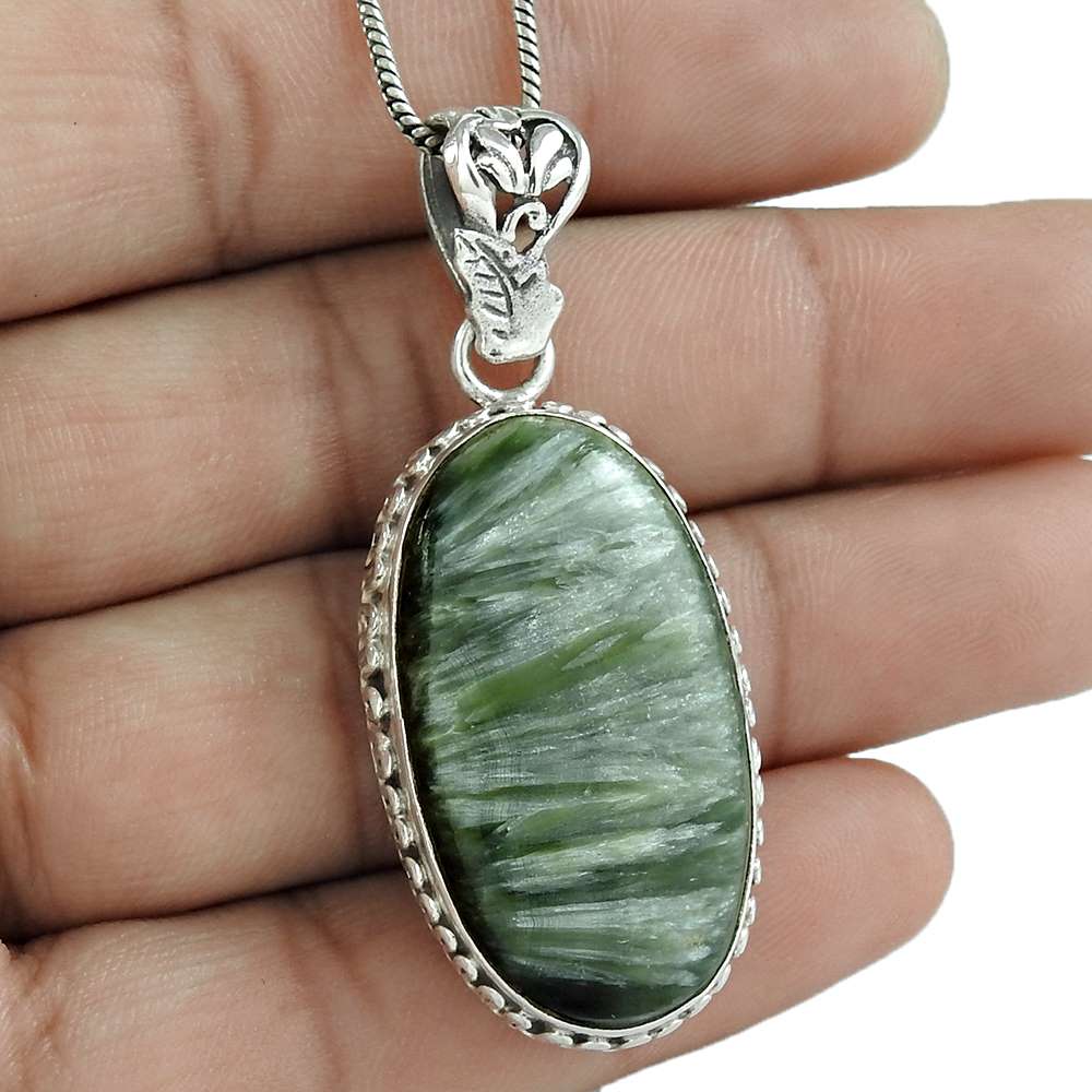 Natural Seraphinite Gemstone 925 Sterling Silver Pendant Boho For Women G7