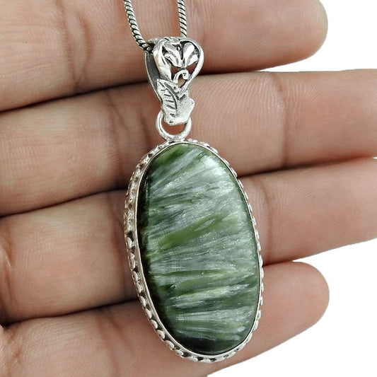 Natural Seraphinite Gemstone 925 Sterling Silver Pendant Boho For Women G7