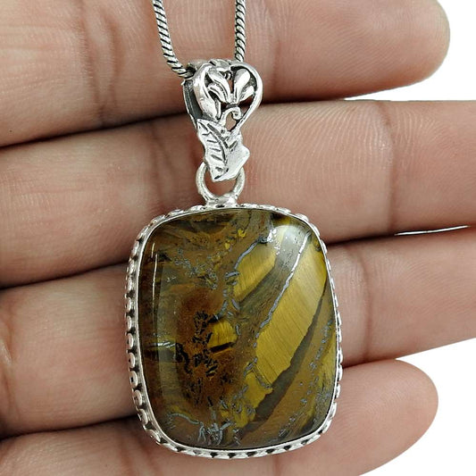 Halloween Gift Natural Tiger'S Eye Pendant Bohemian 925 Silver K8