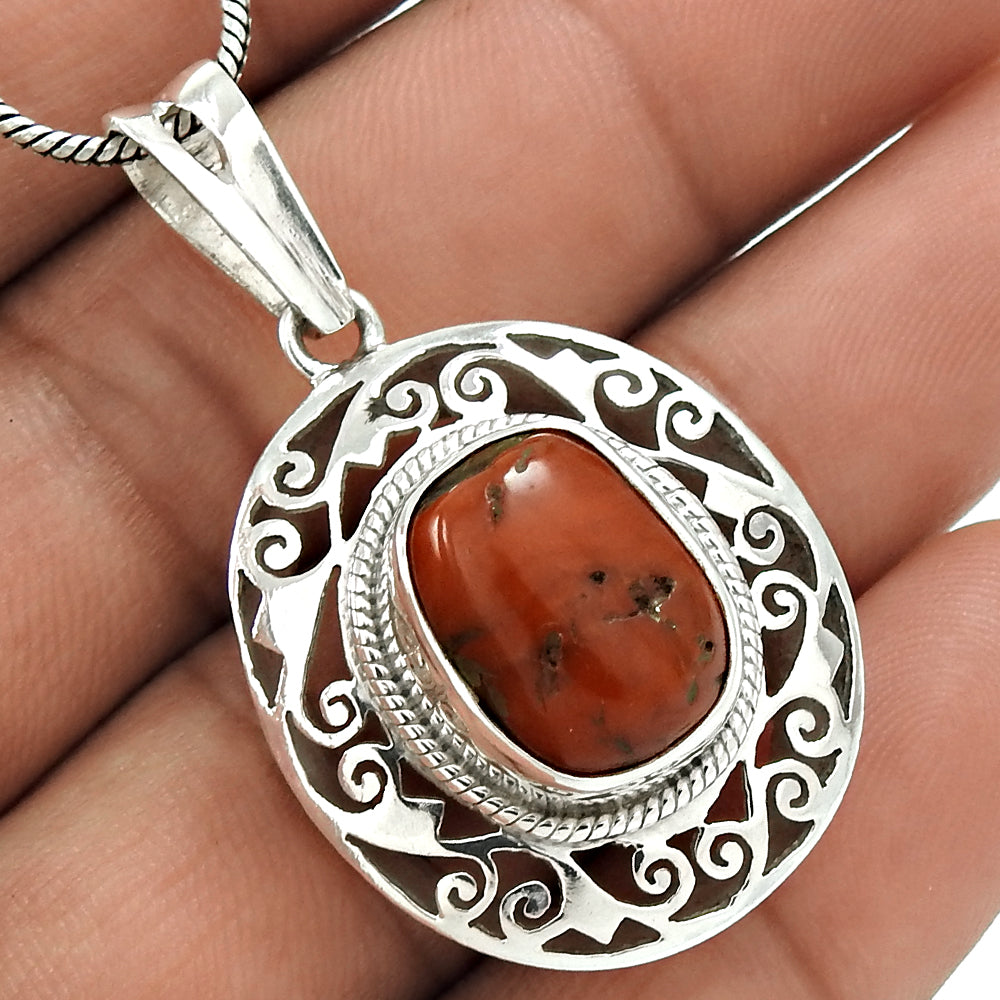 Natural Coral Gemstone Indian Jewelry 925 Sterling Silver Pendant For Women I8