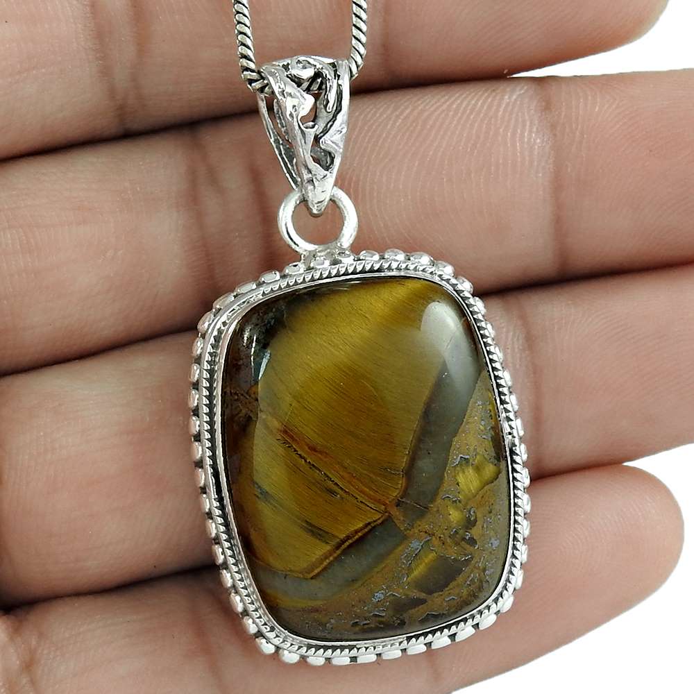 Wedding Gift For Her 925 Silver Natural Tiger'S Eye Gemstone Pendant Vintage P9