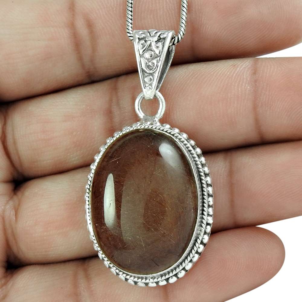 Halloween Gift Natural Rutilated Quartz Gemstone 925 Sterling Silver Pendant G20