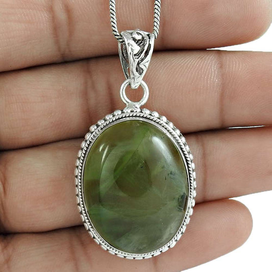 Halloween Gift Natural Prehnite Gemstone Pendant 925 Sterling Silver H20