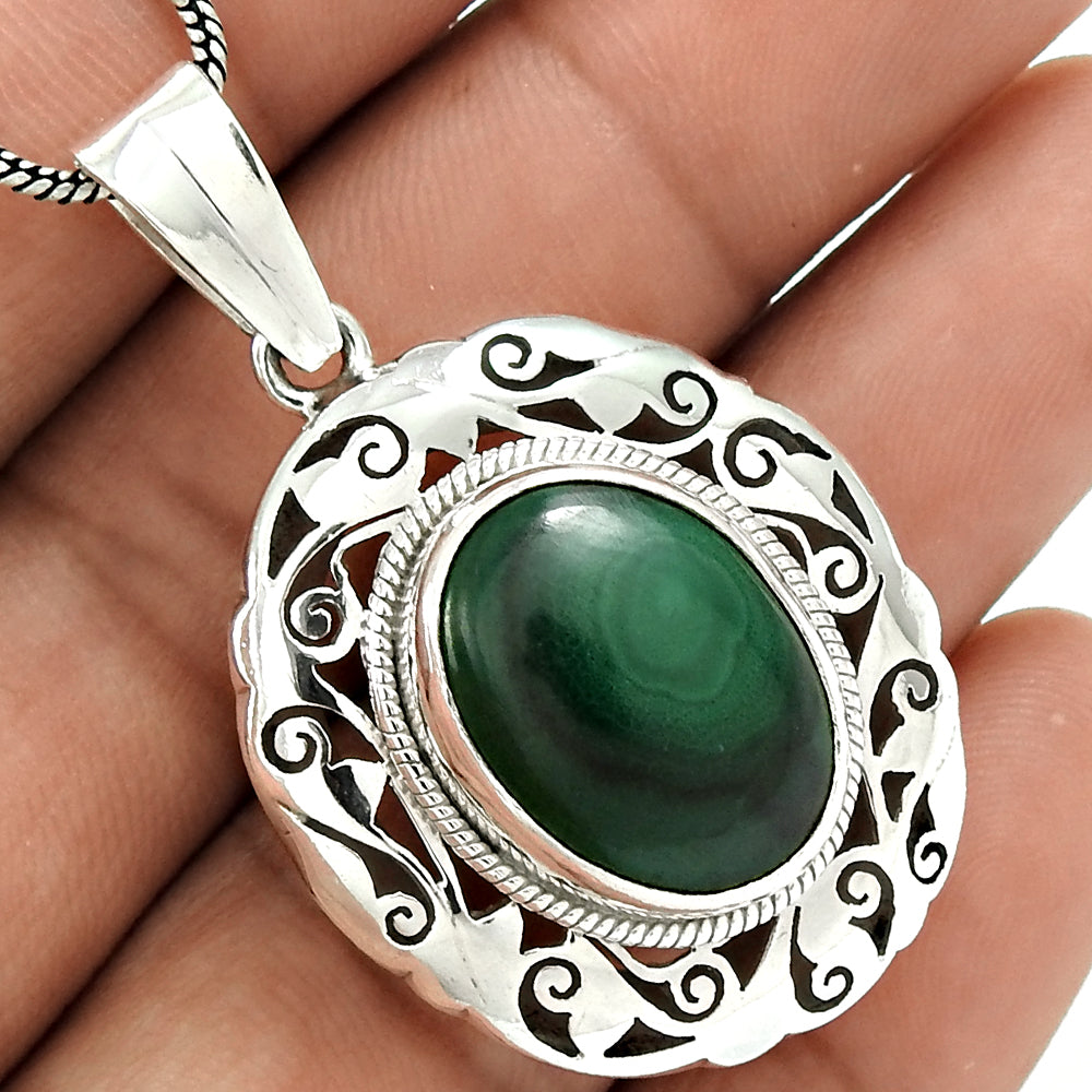 Natural Malachite Gemstone Pendant Boho 925 Sterling Silver For Women O31