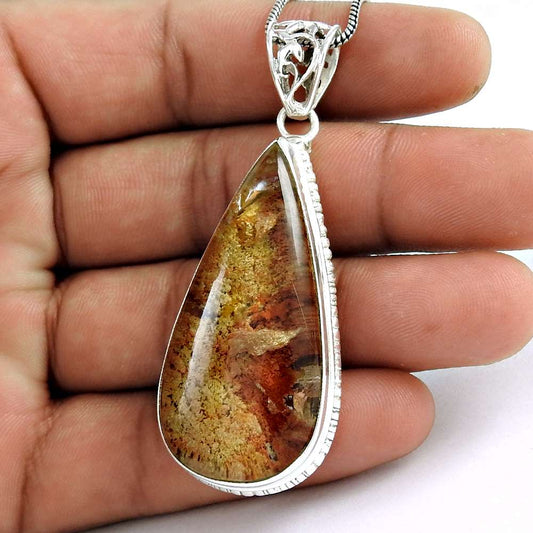 Natural Lodolite Gemstone Pendant Vintage Brown 925 Sterling Silver Jewelry C19