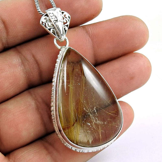 Gift For Women Pendant Ethnic 925 Silver Natural Golden Rutile Gemstone X14