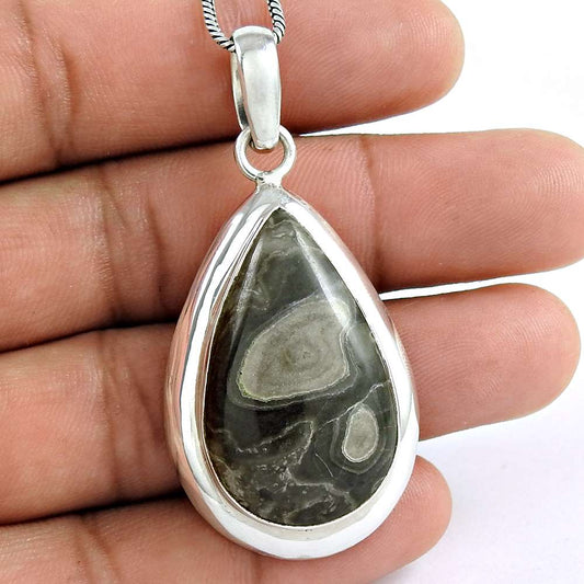Gift For Women Pendant Tribal 925 Silver Natural Cornold Fossil Gemstone S11