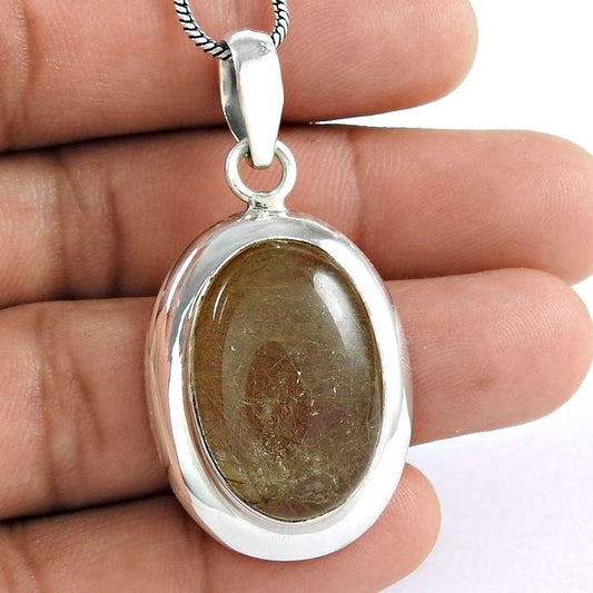 Natural Golden Rutile Gemstone Pendant Ethnic 925 Sterling Silver For Women T11