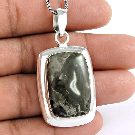 Natural Crinoid Fossil Gemstone 925 Sterling Silver Pendant Tribal For Girls E12