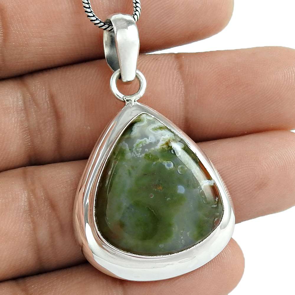 Natural Ocean Jasper Gemstone 925 Sterling Silver Pendant Boho For Girls U11