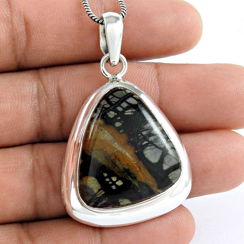 Natural Ocean Jasper Gemstone 925 Sterling Silver Pendant Vintage For Women W3