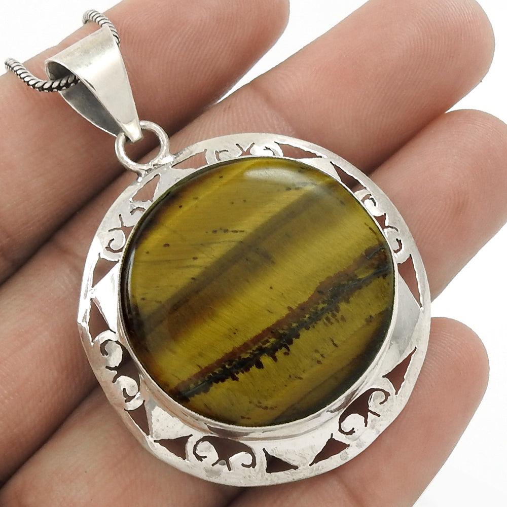 Natural Tiger'S Eye Gemstone Pendant Bohemian 925 Sterling Silver For Women I6