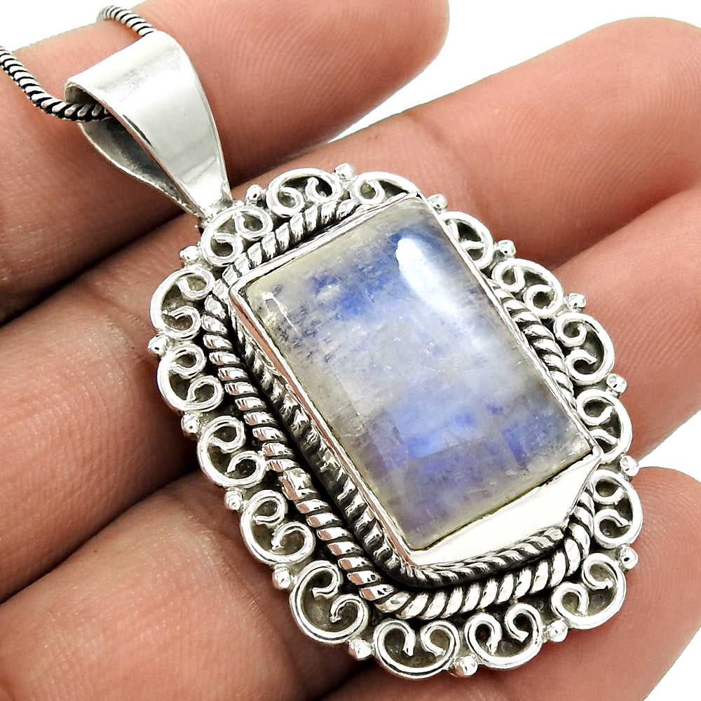 Wedding Gift For Her 925 Silver Natural Rainbow Moonstone Pendant Boho F5