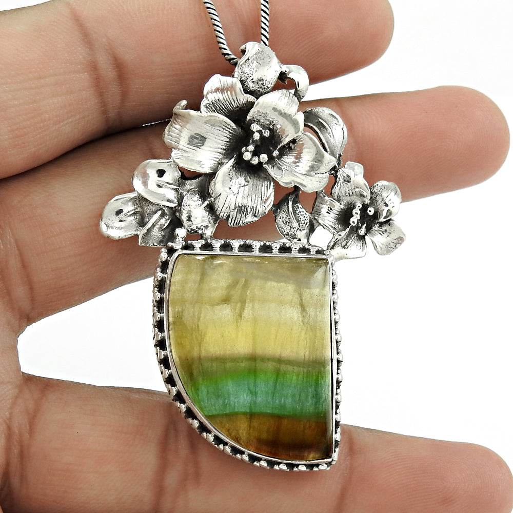 Christmas Gift 925 Silver Natural Fluorite Gemstone Pendant Vintage V6