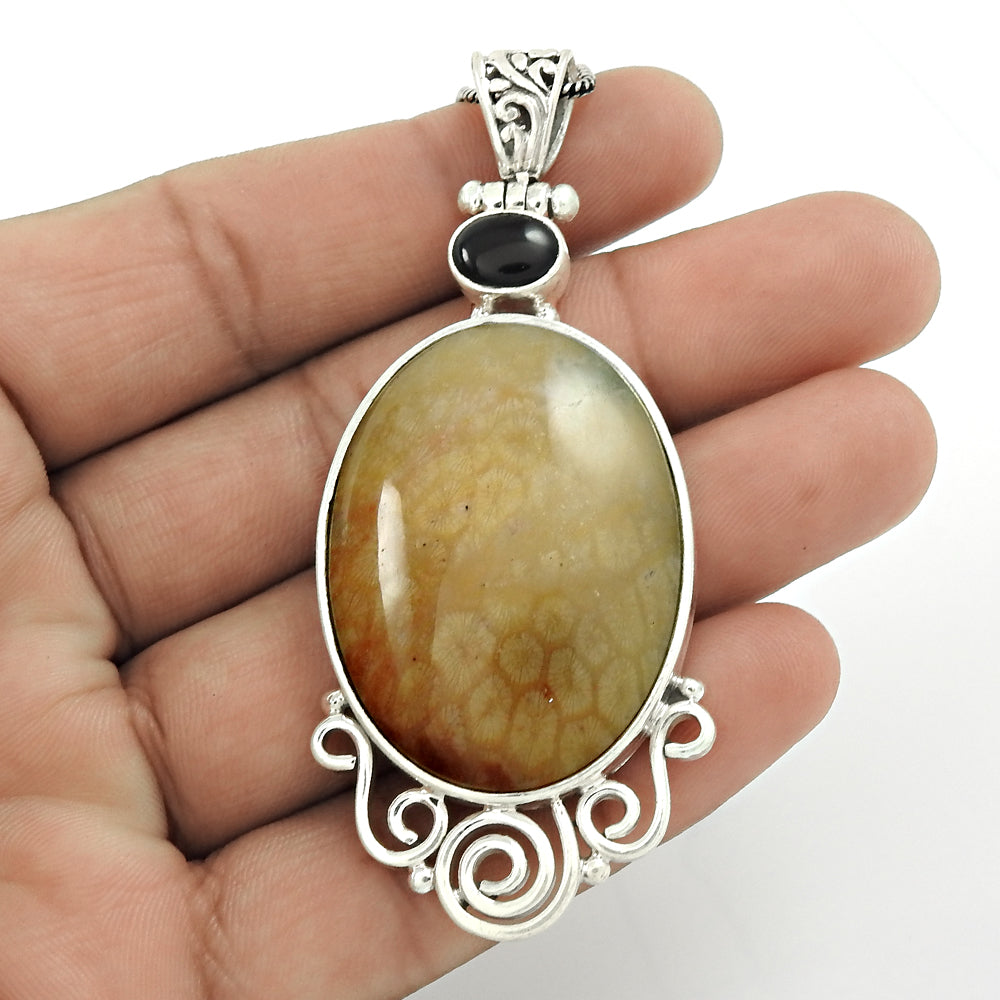 Natural Fossil Coral Gemstone Christmas Gift Pendant Boho 925 Sterling Silver T5