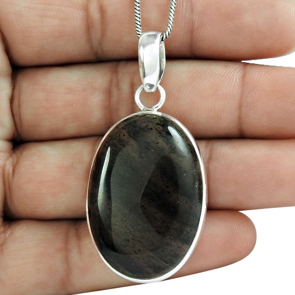 Anniversary Gift For Her Natural Black Rutile Pendant Vintage 925 Silver L14