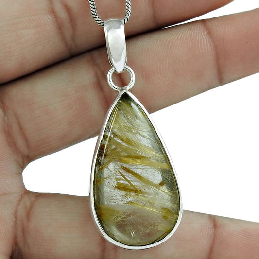 Natural Rutilated Quartz Gemstone 925 Silver Pendant Vintage For Women U8