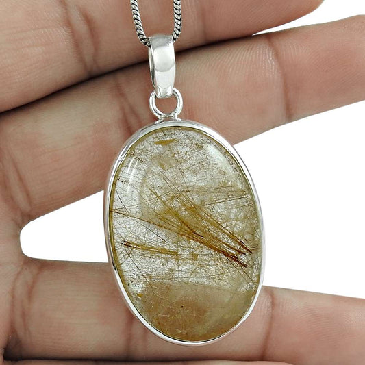 Halloween Gift 925 Sterling Silver Natural Rutilated Quartz Pendant Boho K20