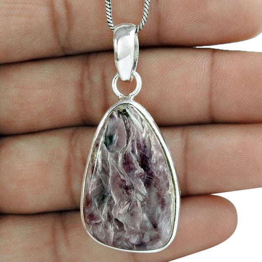 Natural Charoite Gemstone Jewelry 925 Sterling Silver Pendant Boho For Girls C30