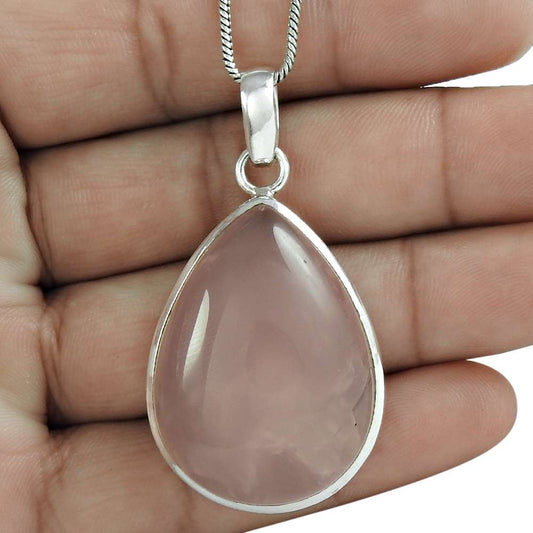 Birthday Gift For Her Natural Rose Quartz Pendant Bohemian 925 Silver Q1