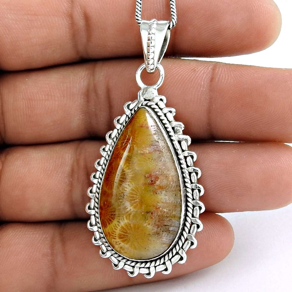 Birthday Gift For Her Natural Fossil Coral Pendant Tribal 925 Silver X53