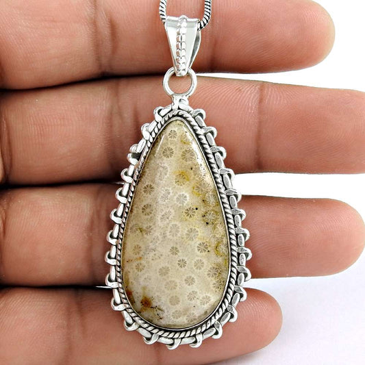 Natural Fossil Coral Gemstone Pendant Ethnic Ivory 925 Sterling Silver O32