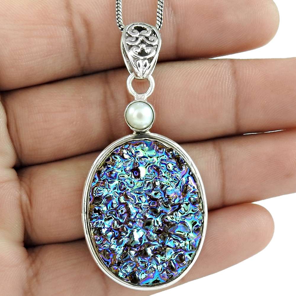 Gift For Her 925 Sterling Silver Natural Pearl Gemstone Pendant Tribal F6