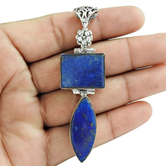 Natural Lapis Lazuli Gemstone 925 Sterling Silver Pendant Boho For Women P5