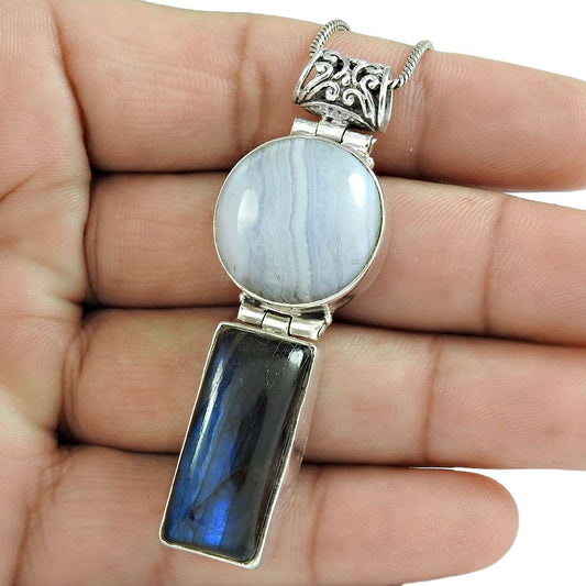 Natural Labradorite Gemstone 925 Sterling Silver Pendant Boho For Women V9