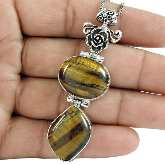 Halloween Gift Natural Tiger'S Eye Gemstone Pendant Boho 925 Sterling Silver T20