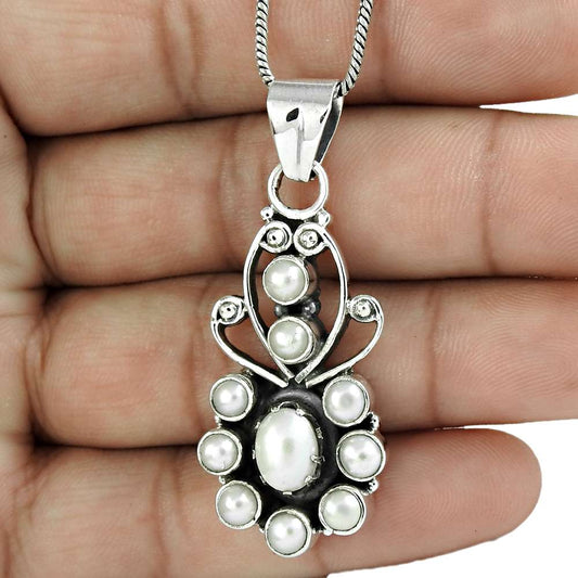Natural Pearl Gemstone Pendant Bohemian 925 Sterling Silver For Women W24