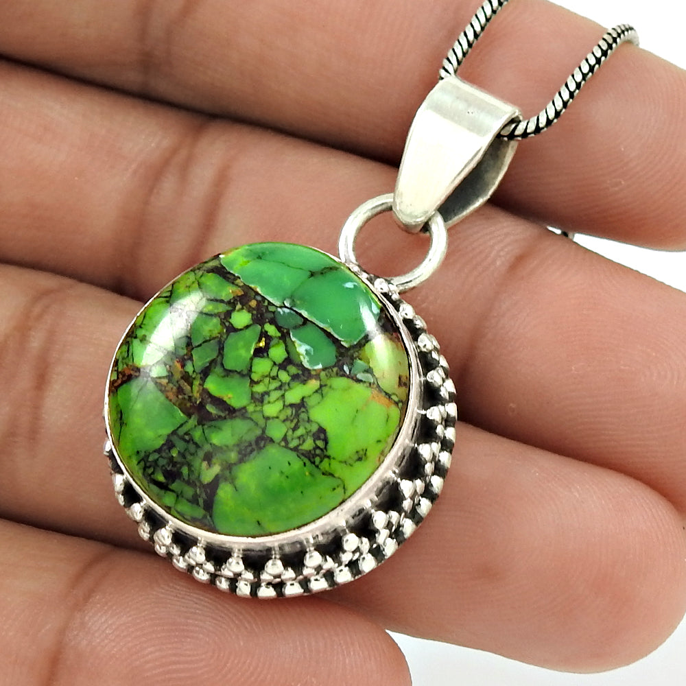 Christmas Gift 925 Silver Natural Green Copper Turquoise Pendant Bohemian C9