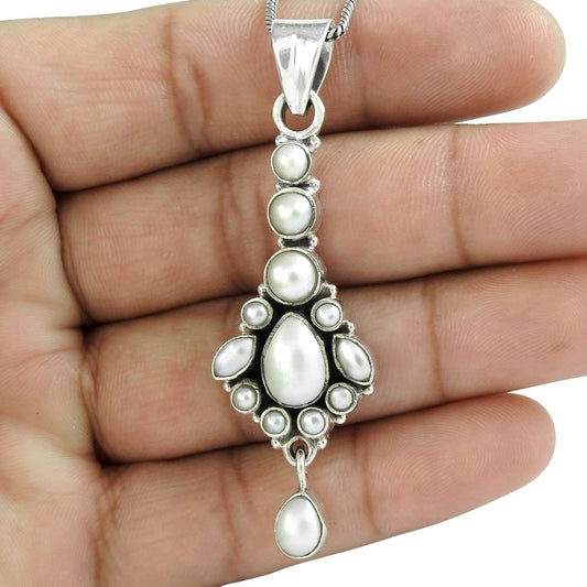 Natural Pearl Gemstone Pendant Vintage 925 Sterling Silver Jewelry For Girls Q4