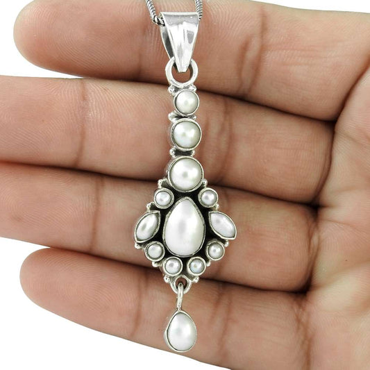 Wedding Gift For Her 925 Silver Natural Pearl Gemstone Pendant Vintage T19