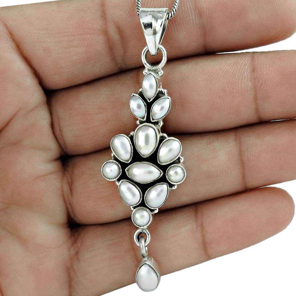 Natural Pearl Gemstone Pendant Handmade 925 Sterling Silver Indian Jewelry V8