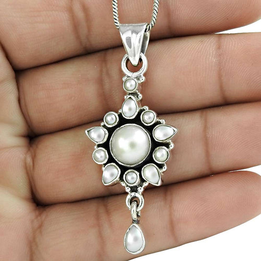 Natural Pearl Gemstone Pendant Tribal 925 Sterling Silver Jewelry For Women W9