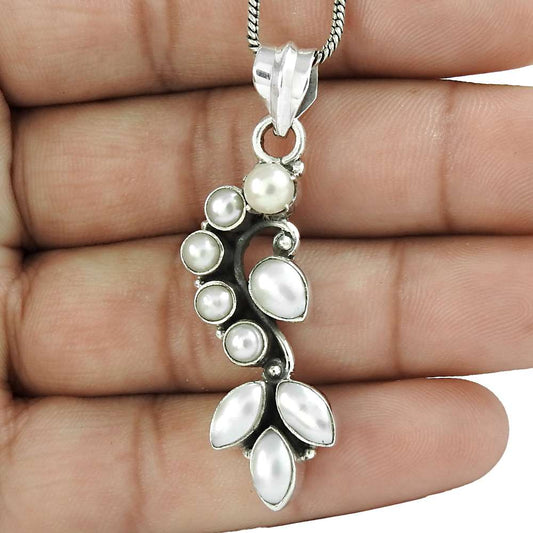 Natural Pearl Gemstone Pendant Tribal 925 Sterling Silver Jewelry For Women B67
