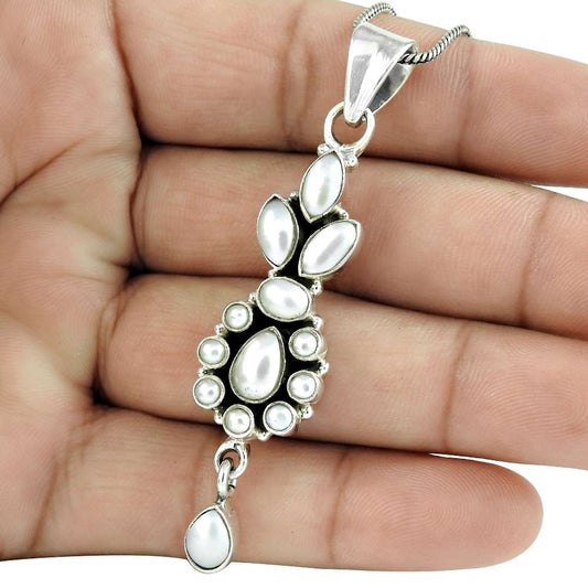 Natural Pearl Gemstone Pendant Bohemian White 925 Sterling Silver Jewelry U32