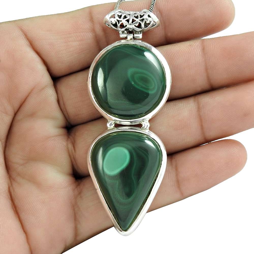 Birthday Gift For Her Natural Malachite Gemstone Pendant Vintage 925 Silver V19