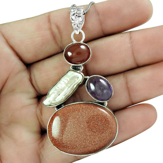 Natural Sunstone Gemstone Pendant Tribal Bronze 925 Sterling Silver Jewelry A56