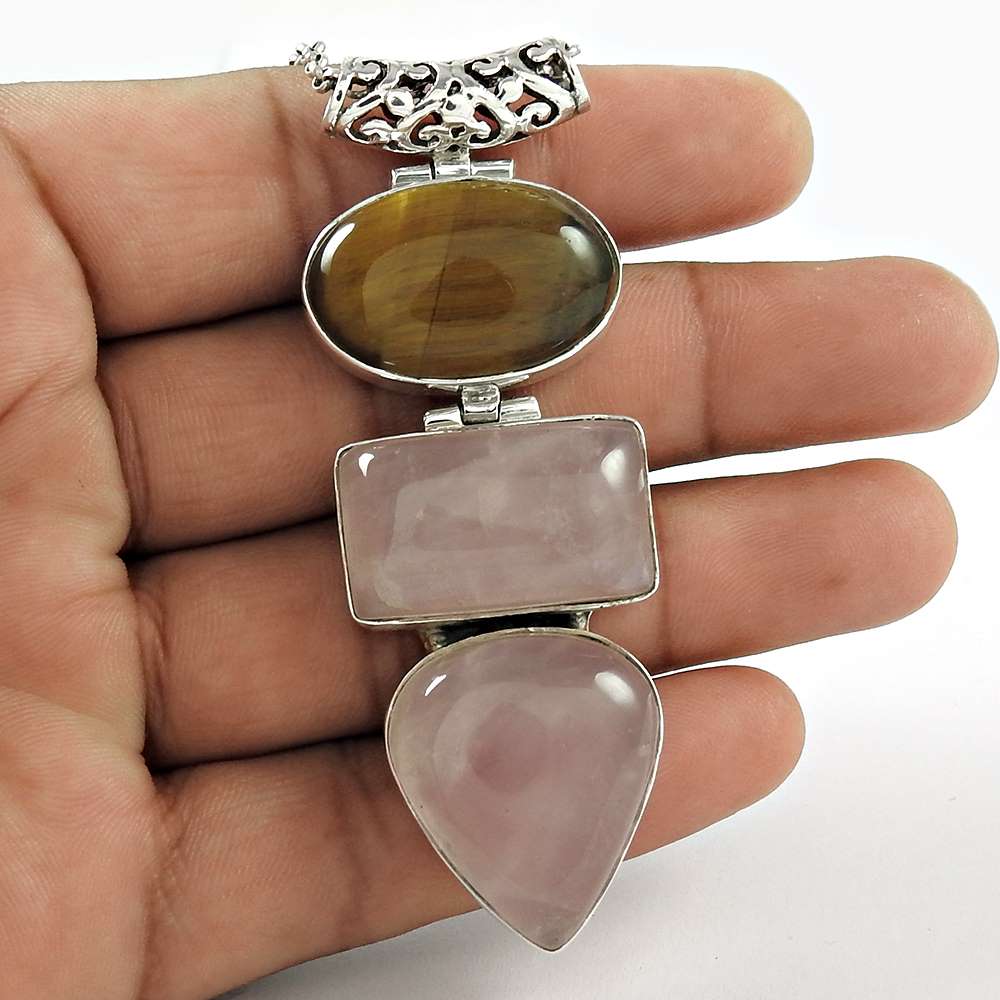 Natural Rose Quartz Gemstone Pendant Bohemian Pink 925 Sterling Silver M15